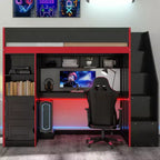 Letto a soppalco da gaming nero e rosso con scrivania, luci LED e spazio contenitivo – singolo/una piazza e mezza, 1 persona