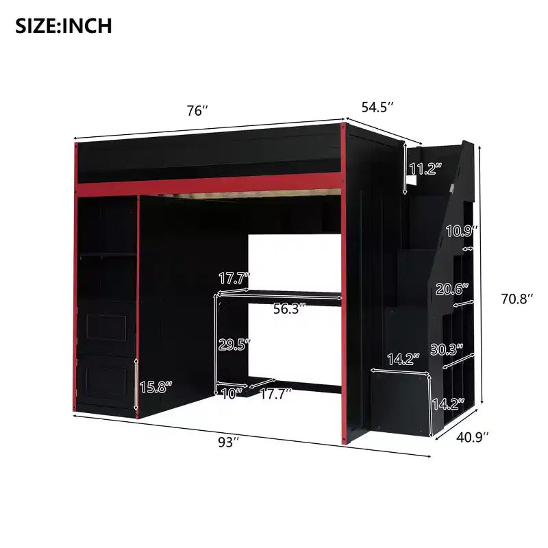 Letto a soppalco da gaming nero e rosso con scrivania, luci LED e spazio contenitivo – singolo/una piazza e mezza, 1 persona