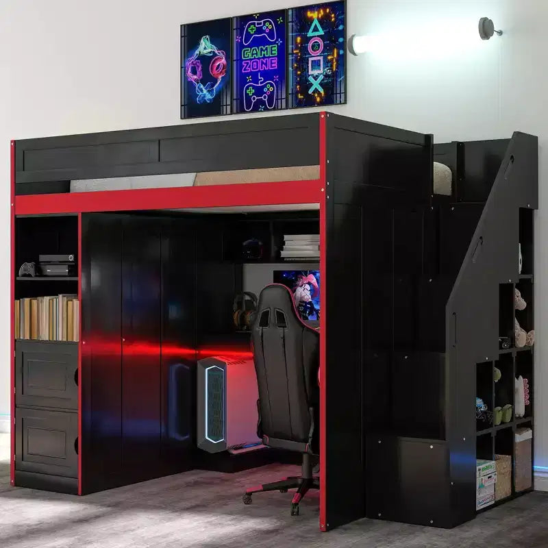 Letto a soppalco da gaming nero e rosso con scrivania, luci LED e spazio contenitivo – singolo/una piazza e mezza, 1 persona