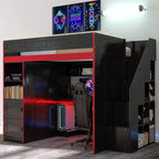 Letto a soppalco da gaming nero e rosso con scrivania, luci LED e spazio contenitivo – singolo/una piazza e mezza, 1 persona