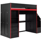 Letto a soppalco da gaming nero e rosso con scrivania, luci LED e spazio contenitivo – singolo/una piazza e mezza, 1 persona
