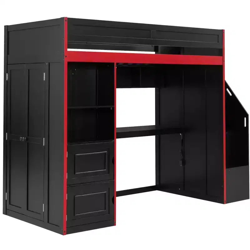 Letto a soppalco da gaming nero e rosso con scrivania, luci LED e spazio contenitivo – singolo/una piazza e mezza, 1 persona