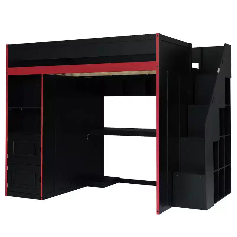 Letto a soppalco da gaming nero e rosso con scrivania, luci LED e spazio contenitivo – singolo/una piazza e mezza, 1 persona