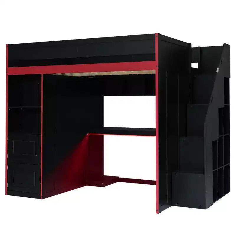 Letto a soppalco da gaming nero e rosso con scrivania, luci LED e spazio contenitivo – singolo/una piazza e mezza, 1 persona