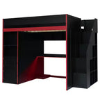 Letto a soppalco da gaming nero e rosso con scrivania, luci LED e spazio contenitivo – singolo/una piazza e mezza, 1 persona