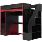 Letto a soppalco da gaming nero e rosso con scrivania, luci LED e spazio contenitivo – singolo/una piazza e mezza, 1 persona