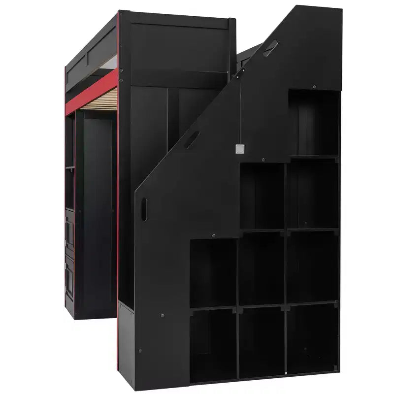 Letto a soppalco da gaming nero e rosso con scrivania, luci LED e spazio contenitivo – singolo/una piazza e mezza, 1 persona