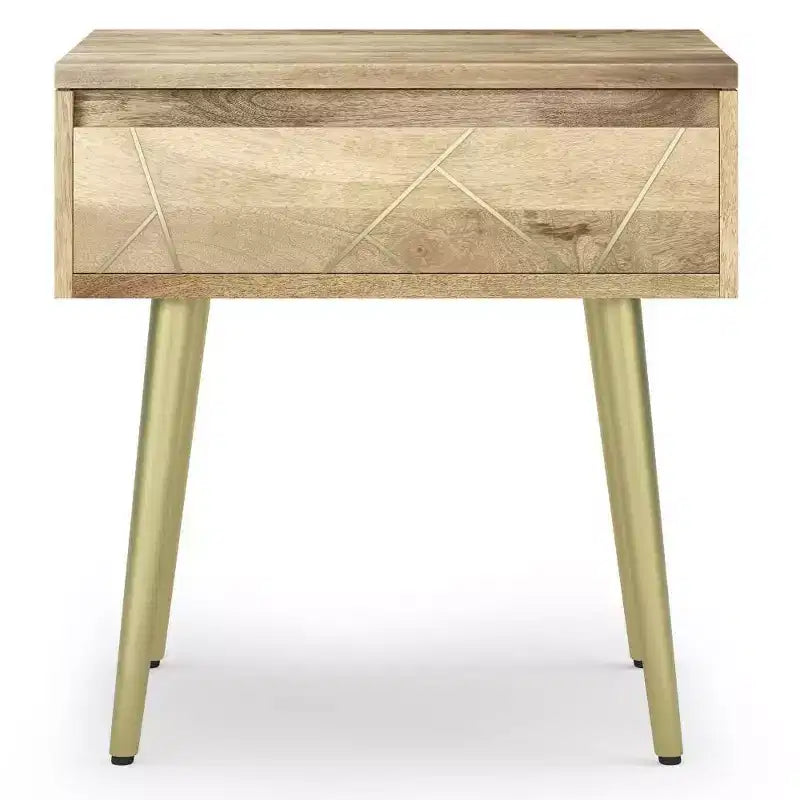 Tavolino laterale quadrato marrone naturale con cassetto, legno di mango e metallo dorato, stile moderno di metà secolo