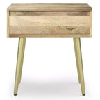 Tavolino laterale quadrato marrone naturale con cassetto, legno di mango e metallo dorato, stile moderno di metà secolo