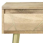 Tavolino laterale quadrato marrone naturale con cassetto, legno di mango e metallo dorato, stile moderno di metà secolo