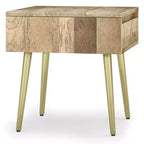 Tavolino laterale quadrato marrone naturale con cassetto, legno di mango e metallo dorato, stile moderno di metà secolo