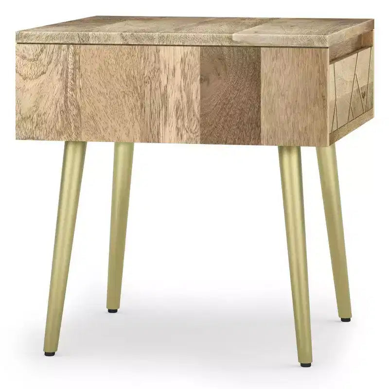 Tavolino laterale quadrato marrone naturale con cassetto, legno di mango e metallo dorato, stile moderno di metà secolo