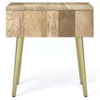 Tavolino laterale quadrato marrone naturale con cassetto, legno di mango e metallo dorato, stile moderno di metà secolo