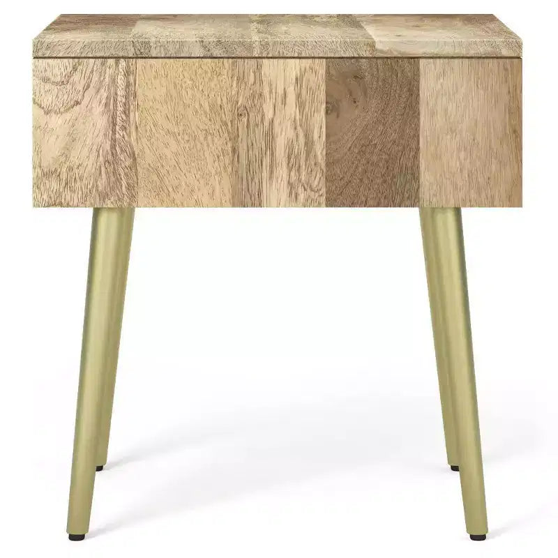 Tavolino laterale quadrato marrone naturale con cassetto, legno di mango e metallo dorato, stile moderno di metà secolo
