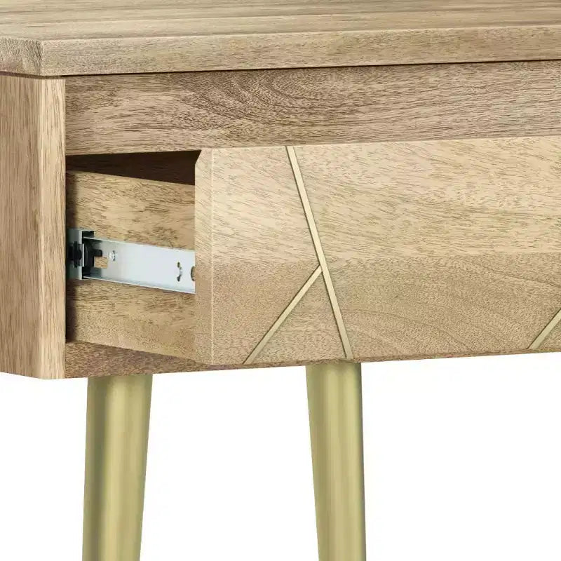 Tavolino laterale quadrato marrone naturale con cassetto, legno di mango e metallo dorato, stile moderno di metà secolo