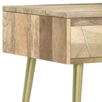 Tavolino laterale quadrato marrone naturale con cassetto, legno di mango e metallo dorato, stile moderno di metà secolo