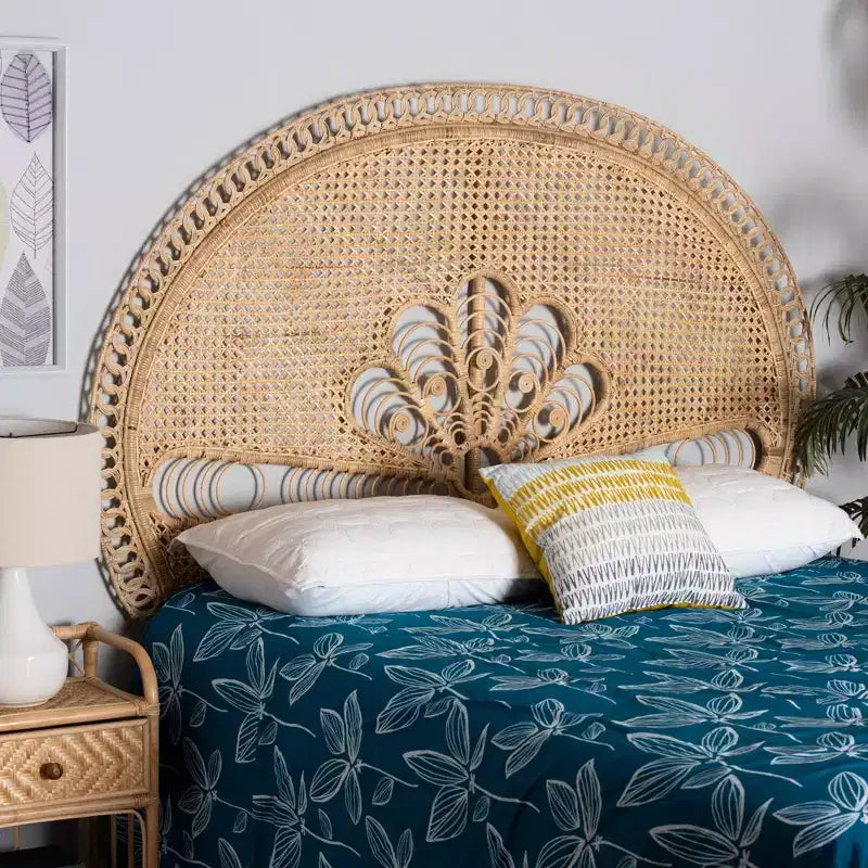 Testiera rotonda in rattan marrone naturale, misura Queen, 1 persona