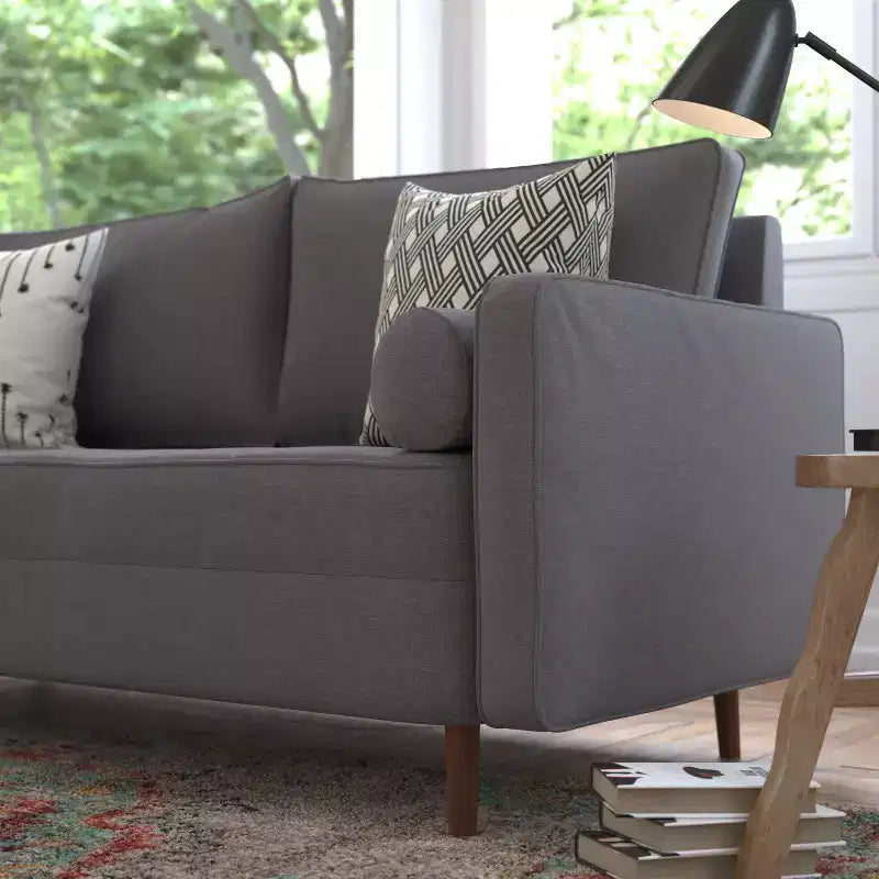 Divano a 3 posti moderno di metà secolo, grigio scuro/grigio ardesia, molle insacchettate, gambe in legno