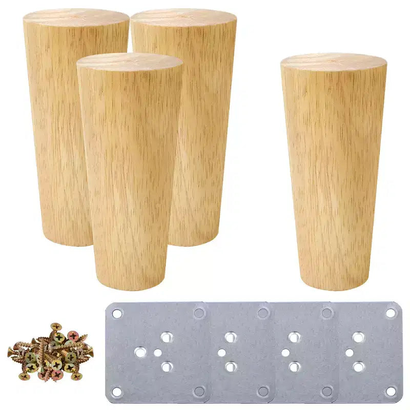 Unique Bargains Wood Furniture Legs Round Solid with Mounting Plate Replacement Feets Set of 4