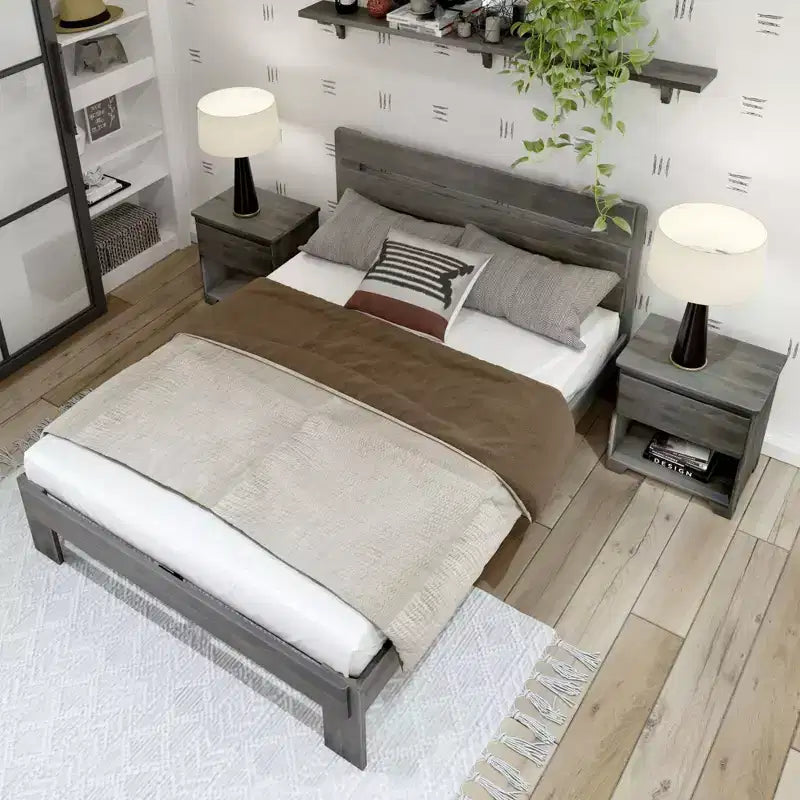 Letto matrimoniale alla francese con testiera a doghe, legno massello, 2 posti letto