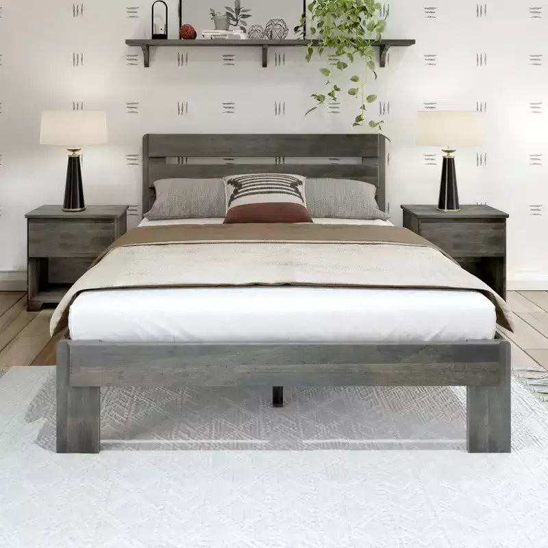 Letto matrimoniale alla francese con testiera a doghe, legno massello, 2 posti letto