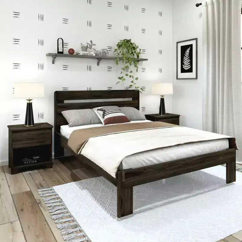 Letto matrimoniale alla francese con testiera a doghe, legno massello, 2 posti letto