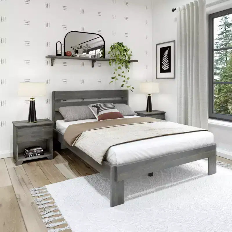 Letto matrimoniale alla francese con testiera a doghe, legno massello, 2 posti letto