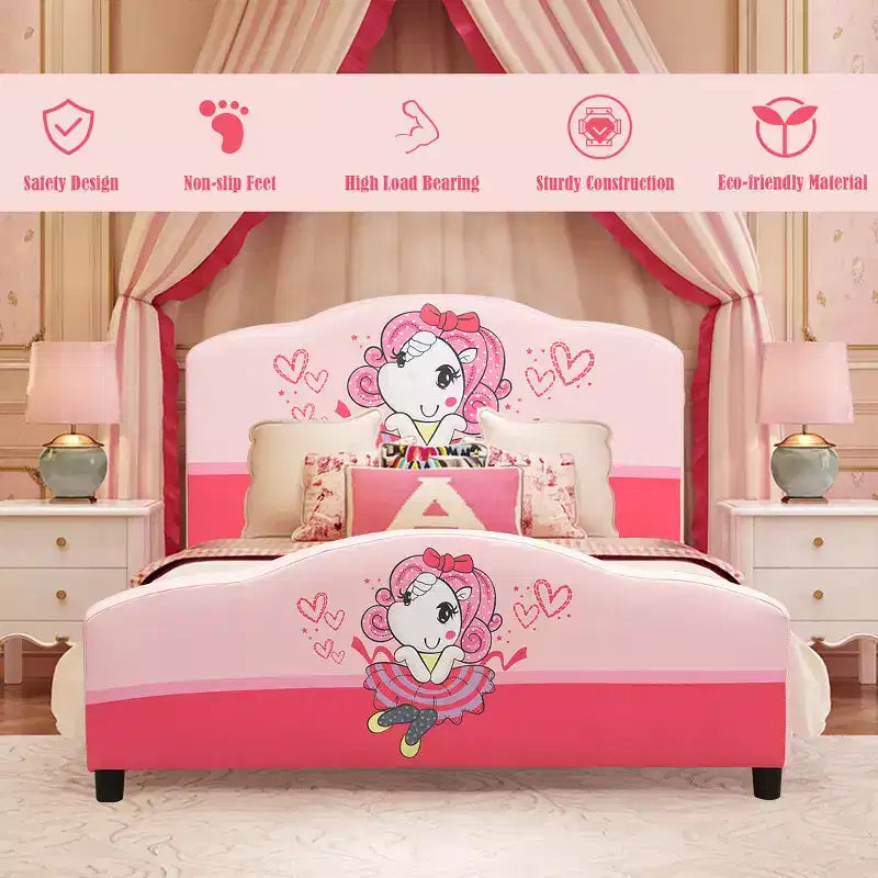Letto per bambini imbottito rosa con piattaforma per 1 bambino
